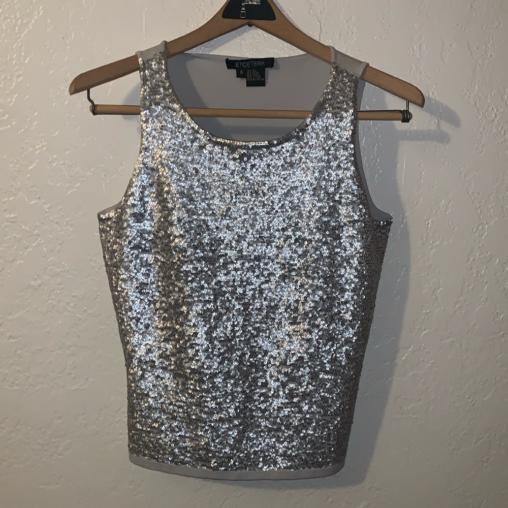 Etcetera Y2K Silk Knit Sequin Front Top Round Neck Sleeveless Tank Silver Small